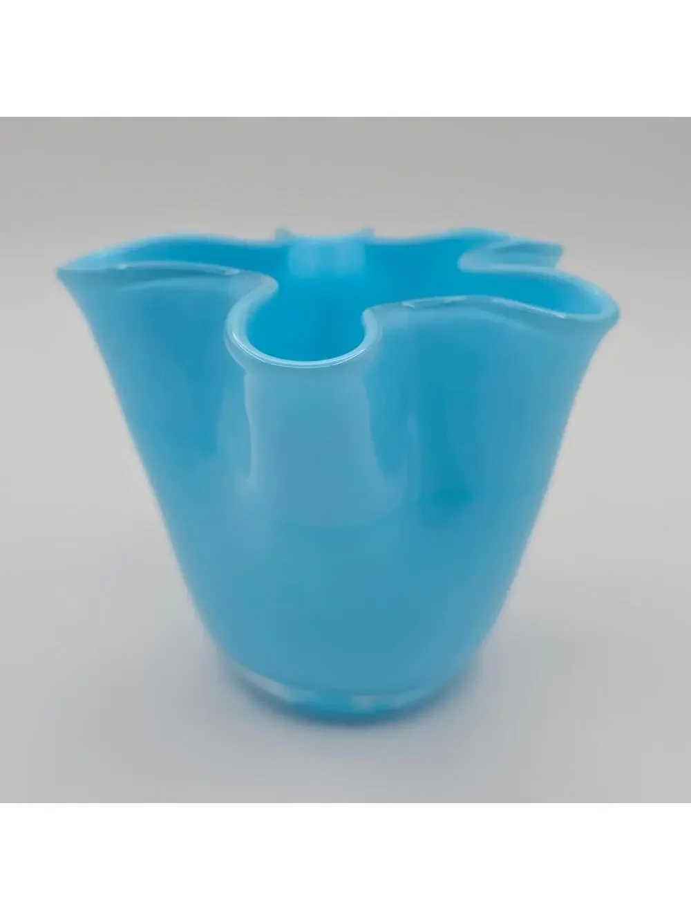Vintage Fenton Turquoise Blue Opaque Crimped Rim Vase Hand Blown Art Glass 4”